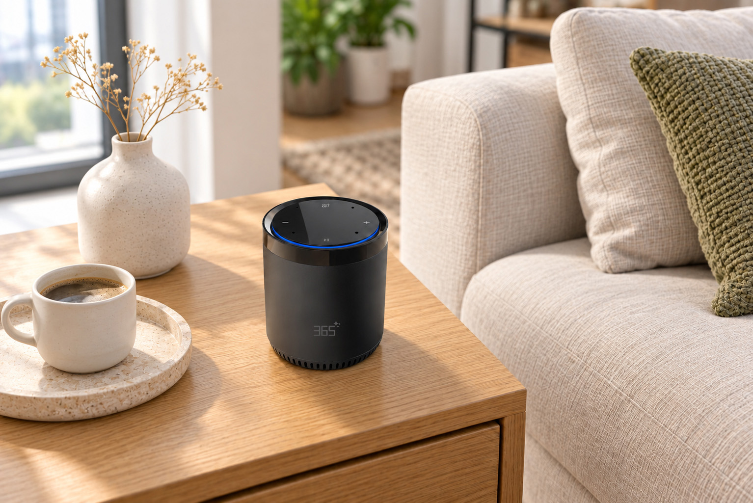 AI speaker beside a sofa in a bright living room