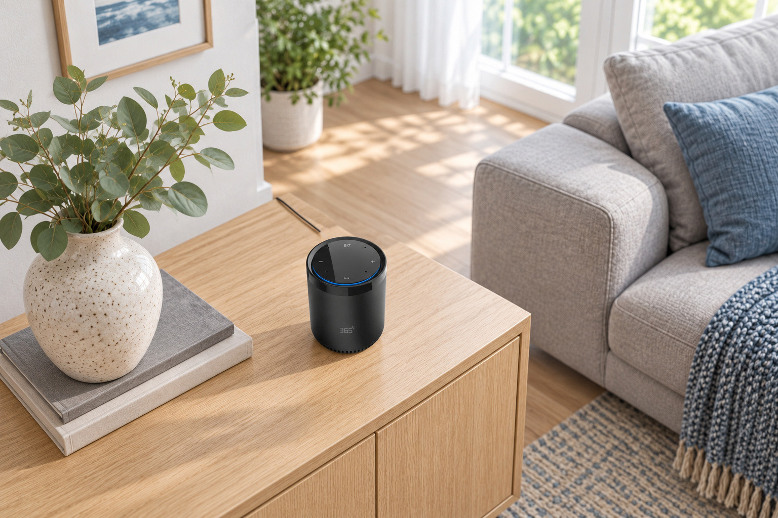 Compact AI speaker on a wooden cabinet in a bright living room