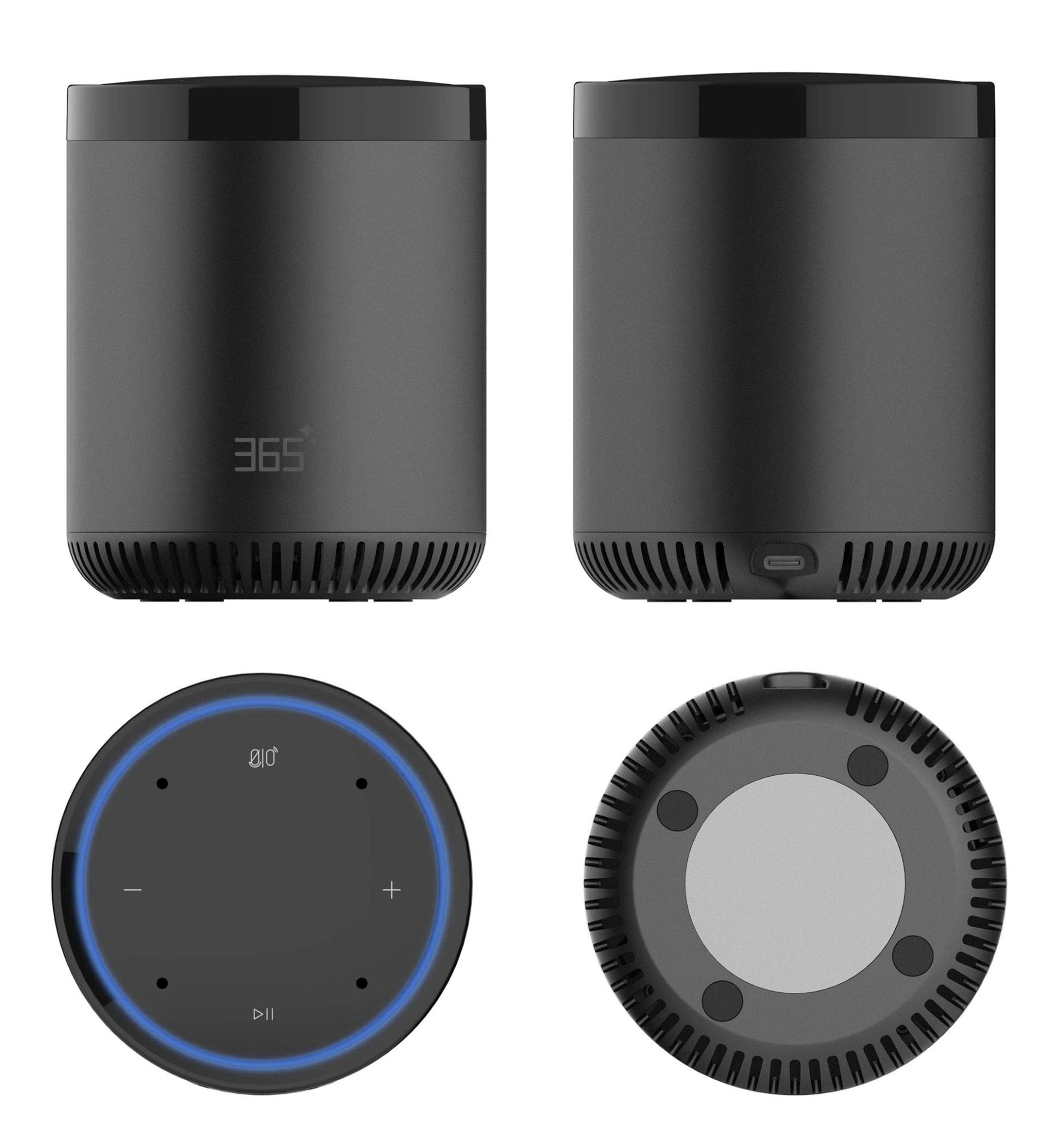 AI speaker shown from the front, rear, top and bottom