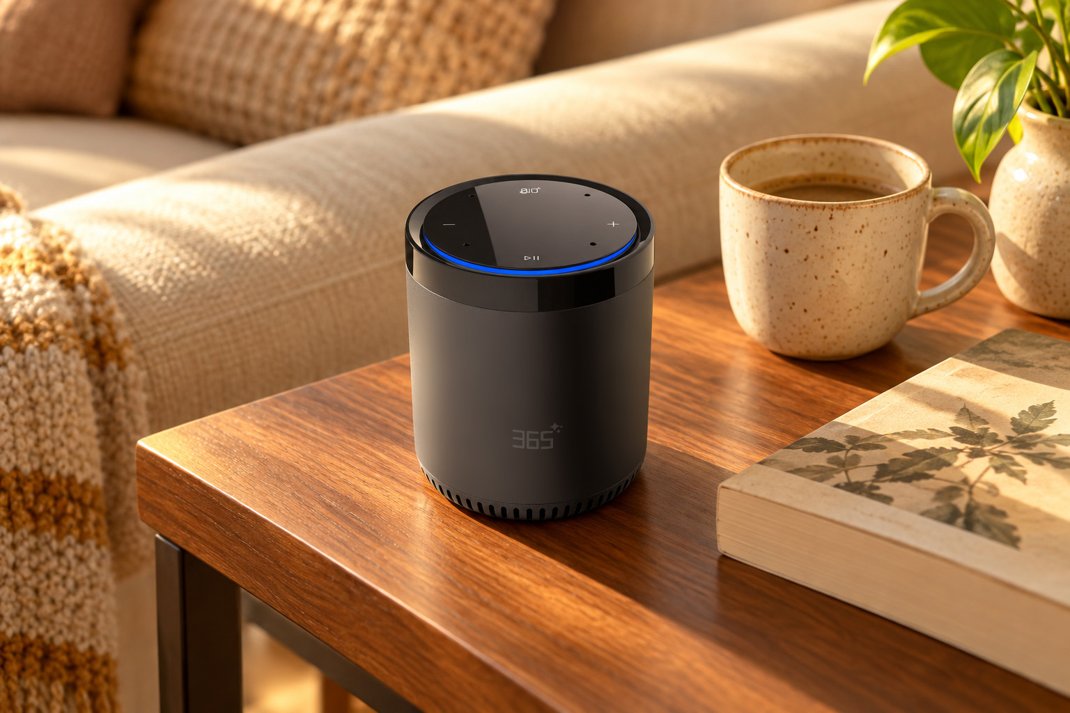 Black AI speaker with a blue light ring on a wooden table beside a coffee cup