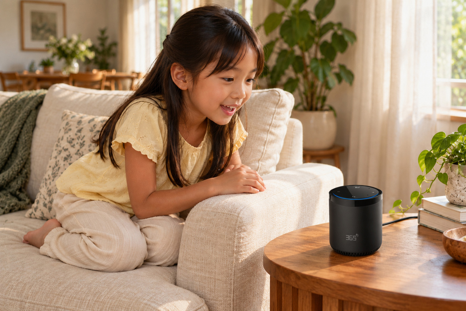 Child talking to an AI speaker at home