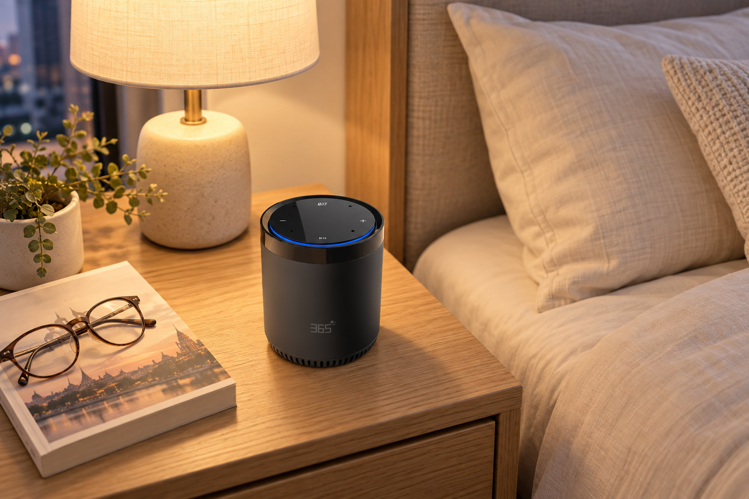 AI speaker with a blue light ring on a bedside table beside a warm lamp