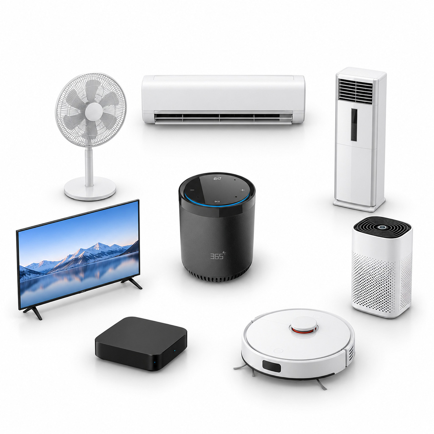 AI speaker surrounded by home appliances for infrared control